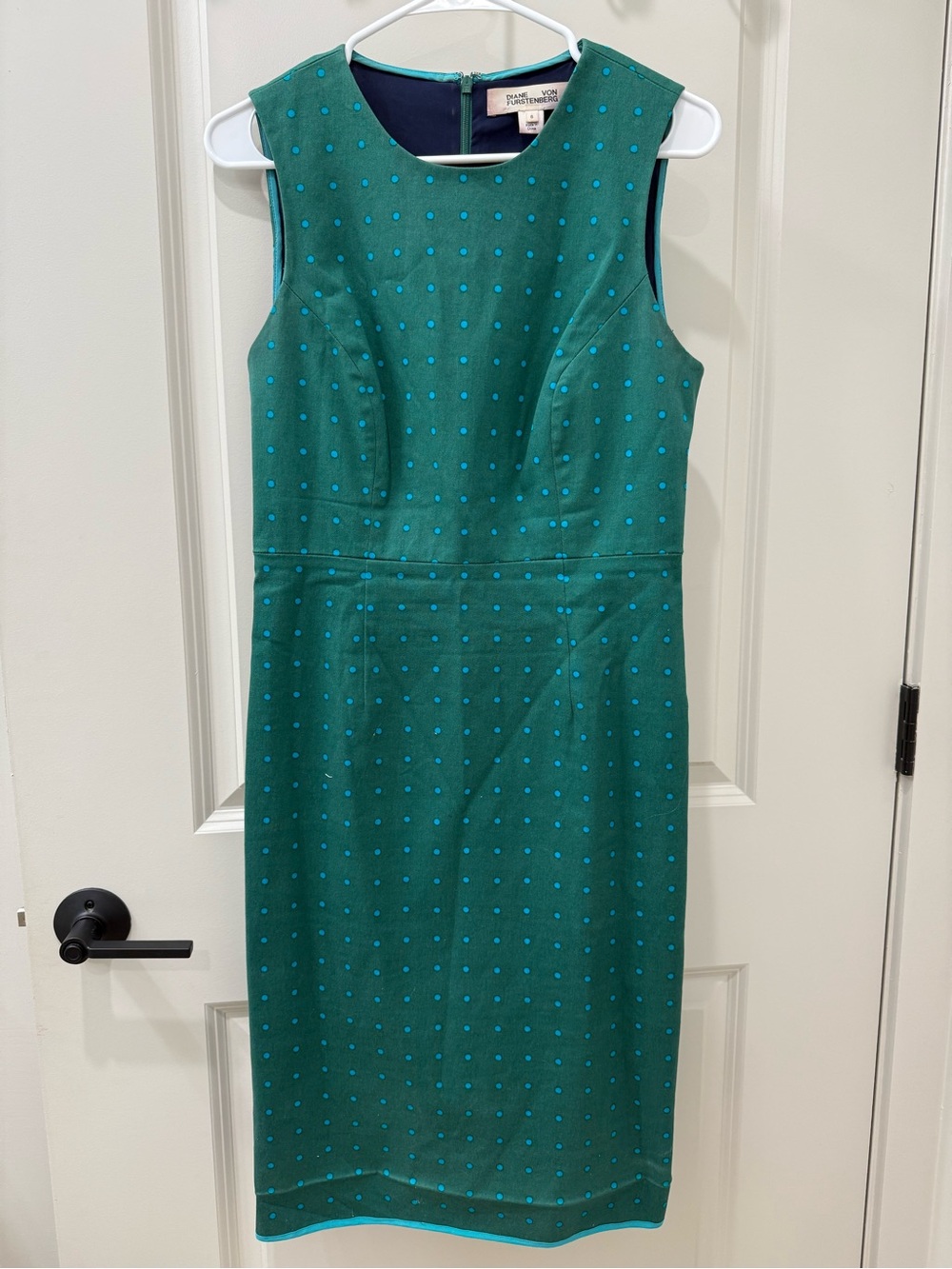Diane von Furstenberg Emerald Green Polka Dot Cotton Sheath Dress Sz 6